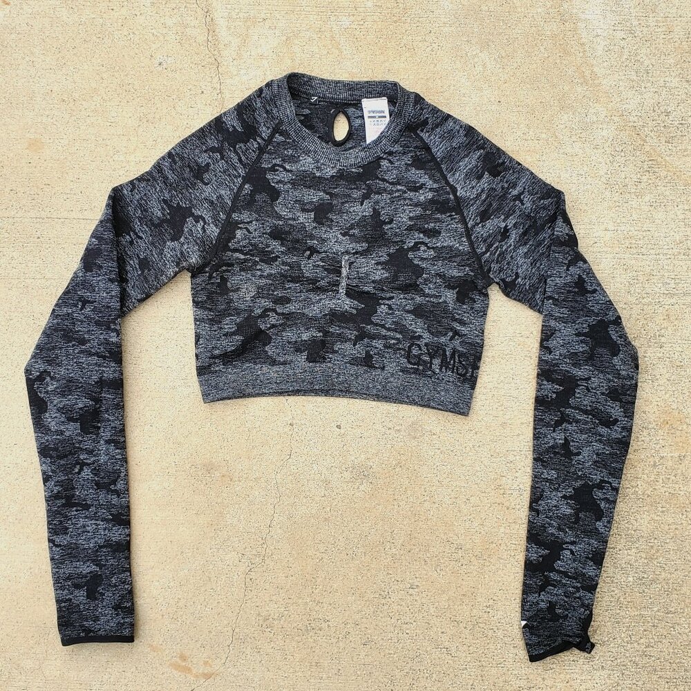 Gymshark Adapt Camo Seamless Long Sleeve Crop Top Size Medium, Cutouts
